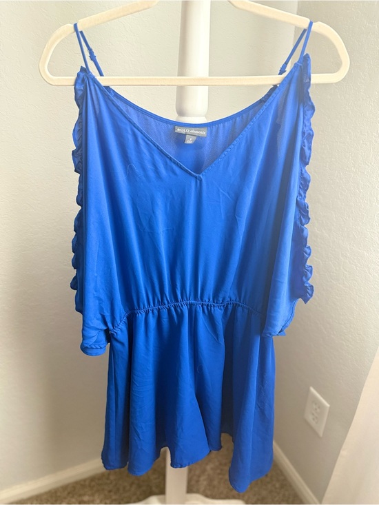 BOLD elements Pants - BOLD elements Cobalt Blue V-Neck Romper with Ruffle Sleeves